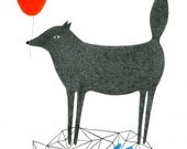 ORIGINAL PENCIL DRAWING / Dog with a Heart Balloon / Geometry / Red - I Love You