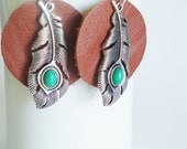 Leather earrings, feather earrings, bohemian earrings, bohemian jewelry, green, silver, brown, boho, rustic