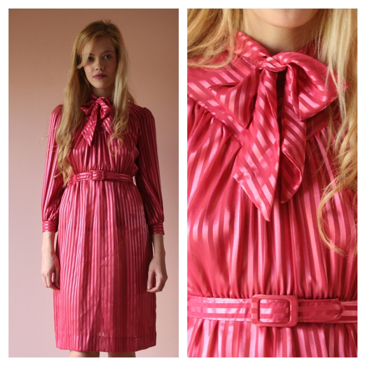 Ribbon Secretary Dress / Pussy Bow / Semi Sheer Spring Dress / Pretty / Rose Pink / Size Small-Medium sm med md 0-2-4