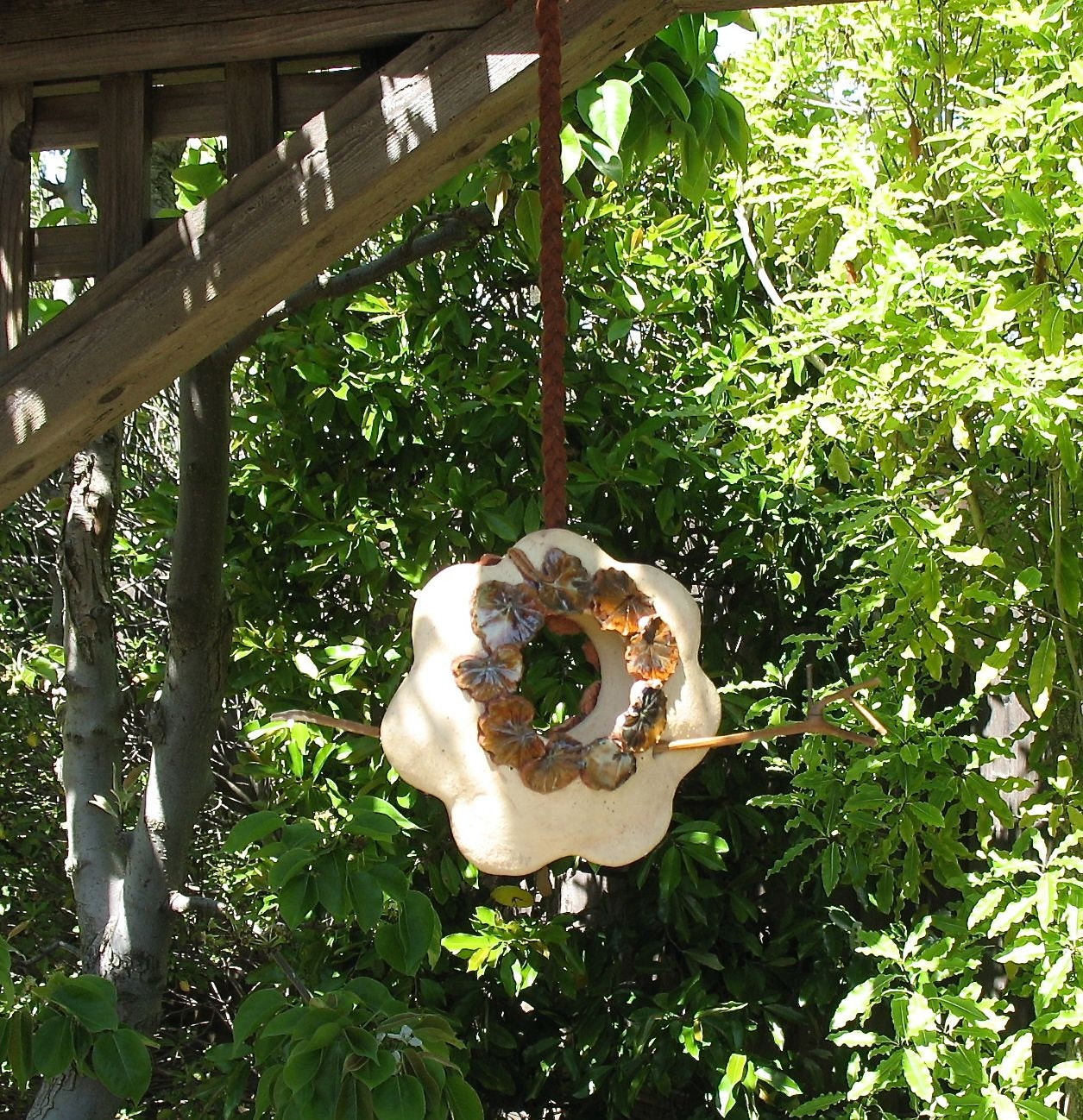 Flower Shaped Bird Feeder or Planter - Two-Sided Hanging Clay Feeder - Real Geranium Leaves - Removable Stick Perch