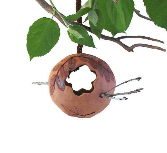 Small Hanging Clay Bird Feeder or Planter - Two Sided - Using Real Leaves - Removable Stick Perch