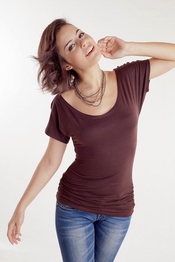 Chocolate Brown Shirred Blouse with Large Neckline - Donation to UNICEF - Item MM-BLT180DBR1