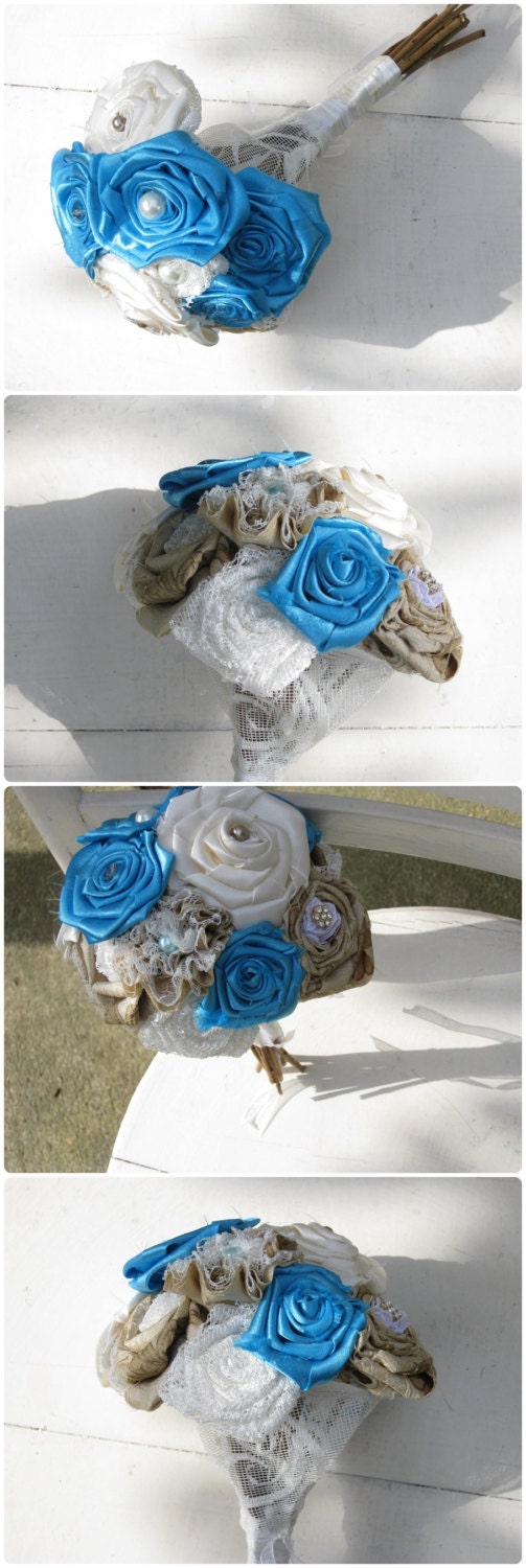 Wonderland Wedding -  Fabric Wrap Roses and Birch Stems -Spring Bride -Turquoise Blue - Pink - Purple - Cream White Lace Ribbon