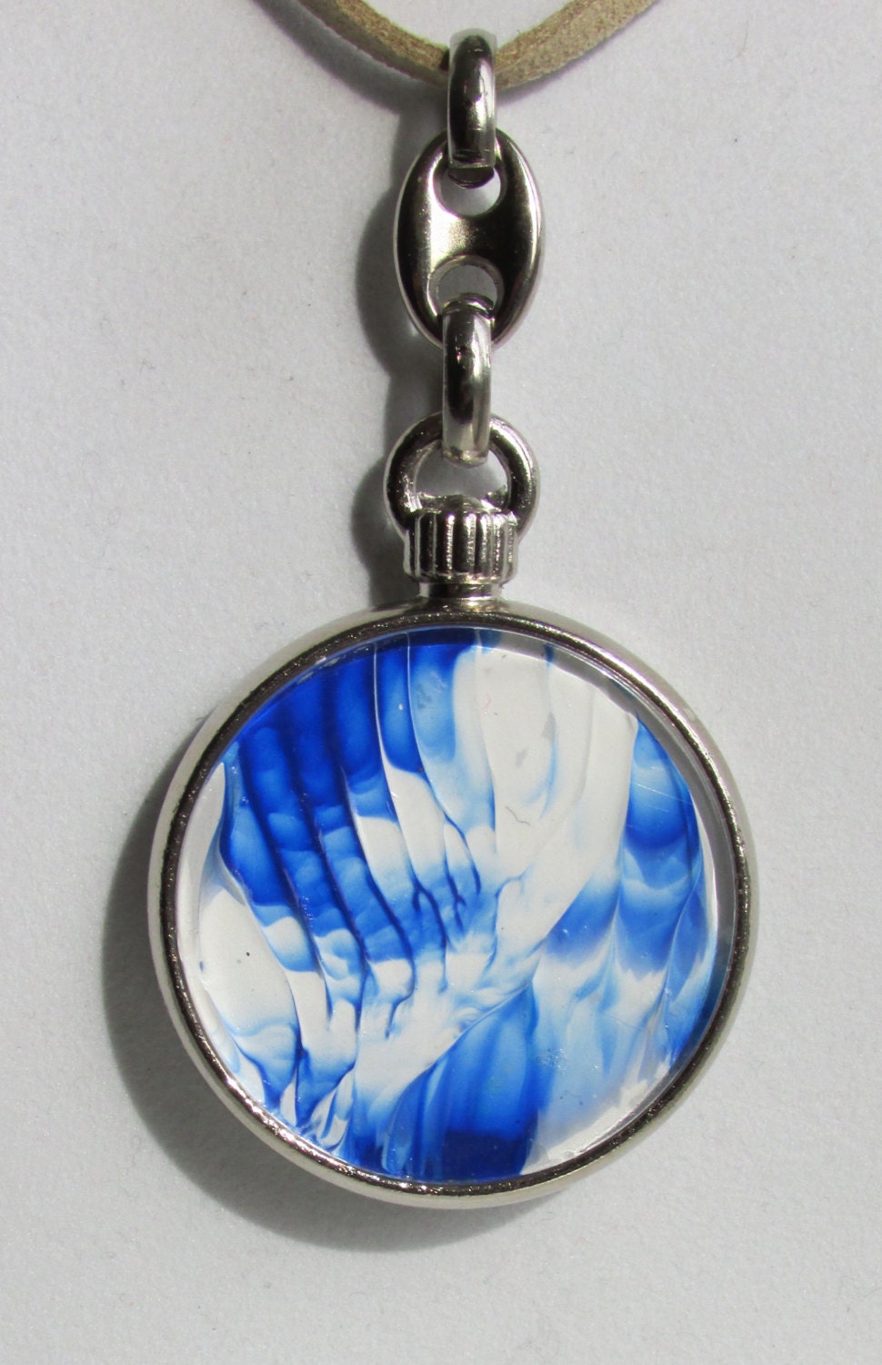 Hand Painted Blue and White SilverTone Two Sided Pendant on Beige Leather Suede Chain
