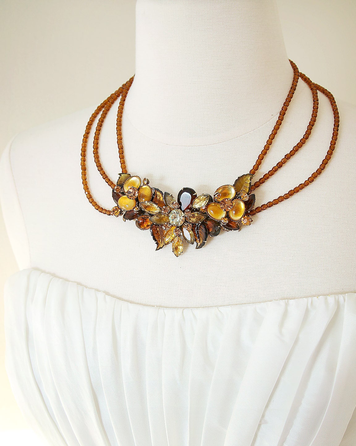 Everlasting Autumn. Topaz Leaves Vintage Rhinestone Statement Necklace.