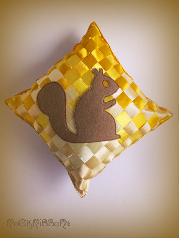 Small yellow cushion - eco friendly - ribbon - squirrel - 12 inch - 30.5cm - animal pillow - nursery - kids bedroom - organic cotton.