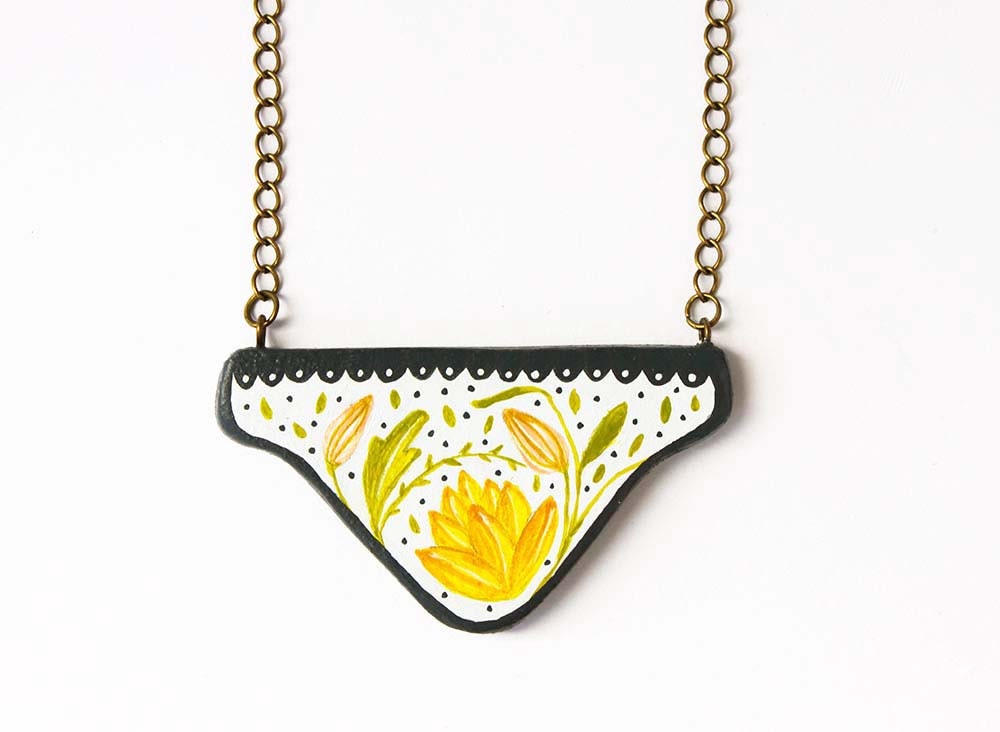 Wearable art - paper clay necklace - Botanical inspired jewelry - Handpainted  wearable art - one of a kind