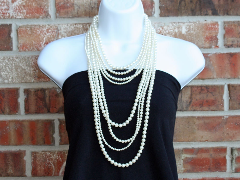 8 Strand Cream Swarovski Pearl Necklace with Sterling Silver Findings, Layered, Long Pearl Necklace, Chanel, Coco Chanel