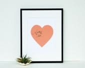 Me & You Screen Print -Peach Heart on White Paper with French Phrase Vous et Moi