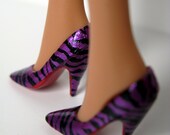 OOAK Black and purple zebra print pumps heels shoes with red Christian Louboutin style soles for Barbie