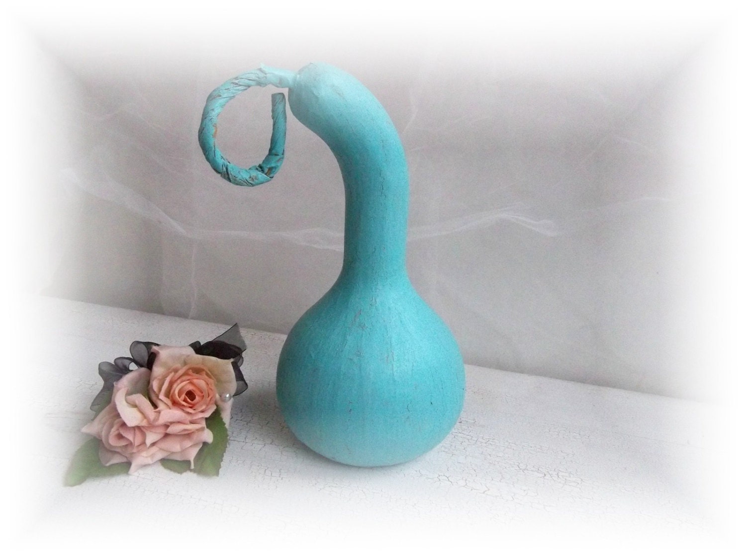 Painted Paper Mache Gourde Turquoise Blue Wedding Centerpiece Decor Cottage Chic Farmhouse Decor