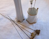 SALE - 7 antique HATPINS with holder and small cup - engraved brass, glass, and others