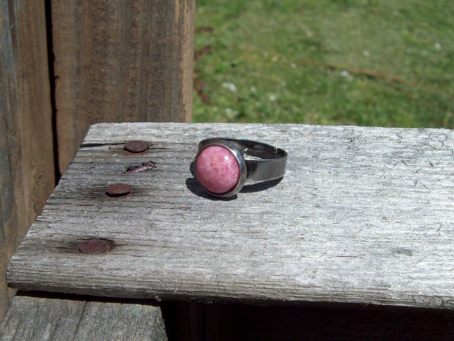 Pink Rhodonite Cabochon Adjustable Ring - antiqued silver pewter band
