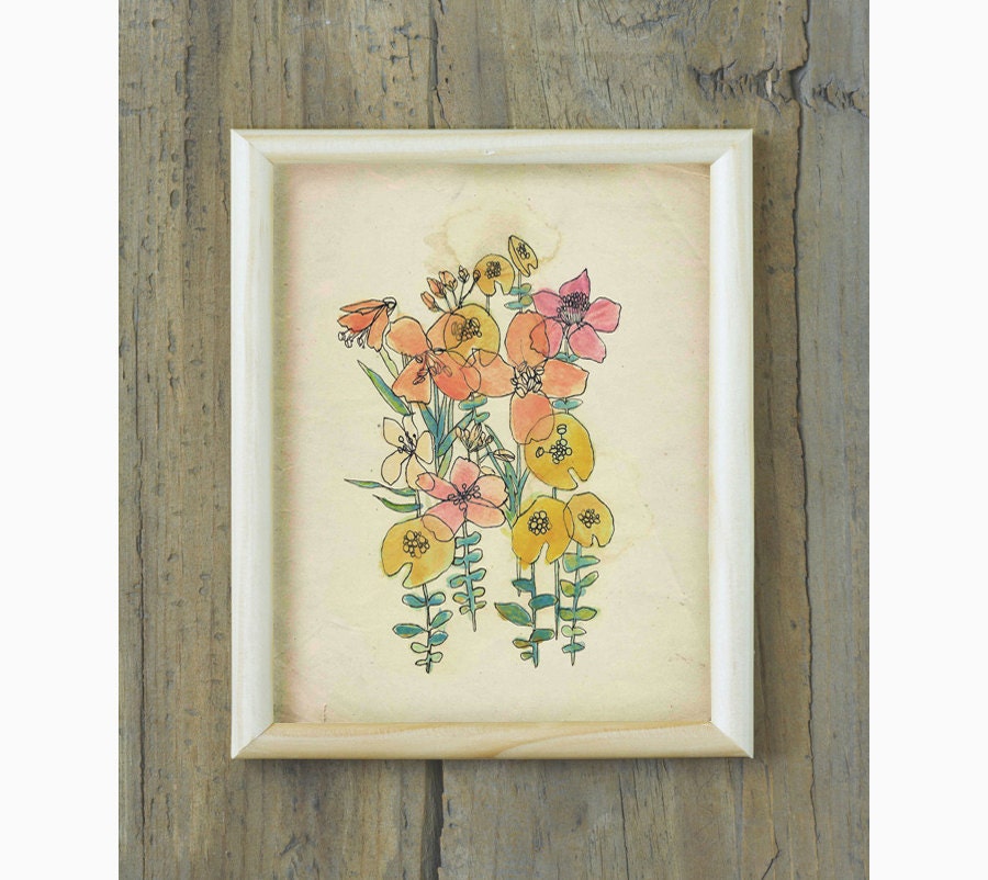 Watercolor and Ink Flowers Print 8"x10" - Modern Bohemian Flower Wall Art, Botanical Artwork, Vintage Inspired