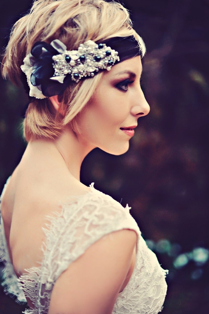 Bridal Headpiece- Headband- Swarovski Crystal Bridal Bandeau- One-of-a-Kind Hand-Beaded -Vintage Glamour- TheLUXE