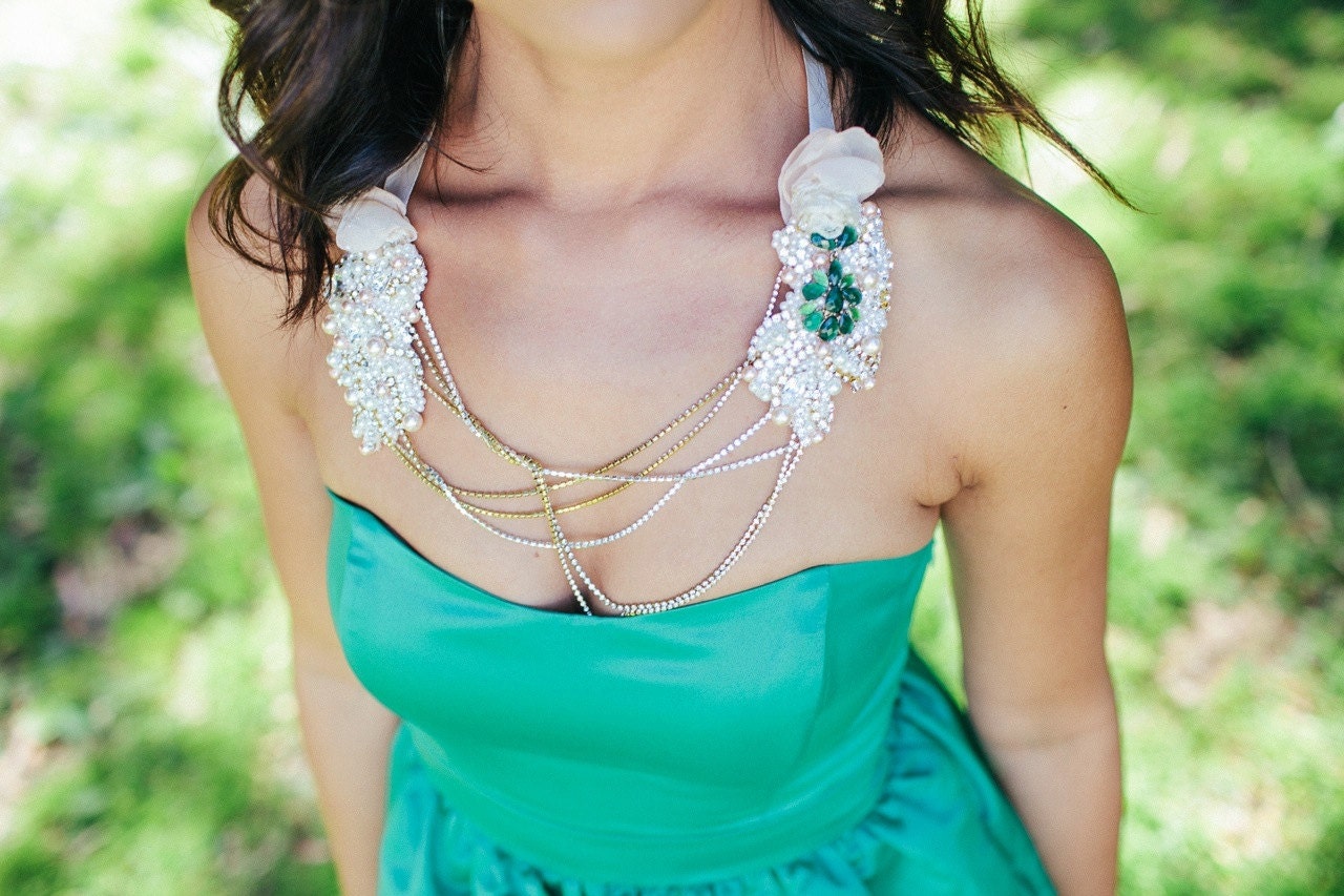 EMERALD- Crystal Statement Glamour Necklace- Swarovski Rhinestone and Pearls- CECILIA