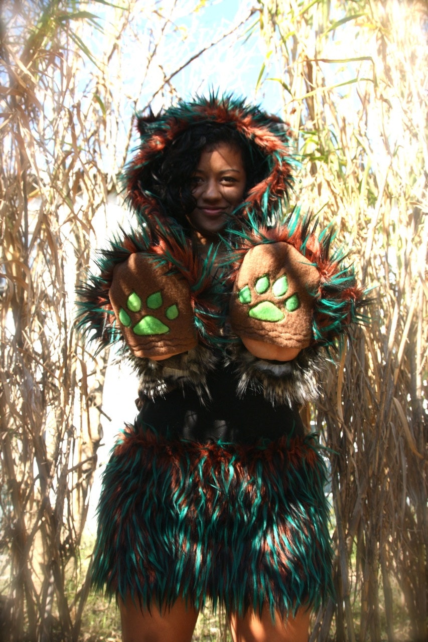 CUSTOM HOOD for (( 11moonstoned11 )) FoRreSt FOX Brown // Green // Black faux fur animal hat - SpAcE Fabric lining, 2 secret pockets