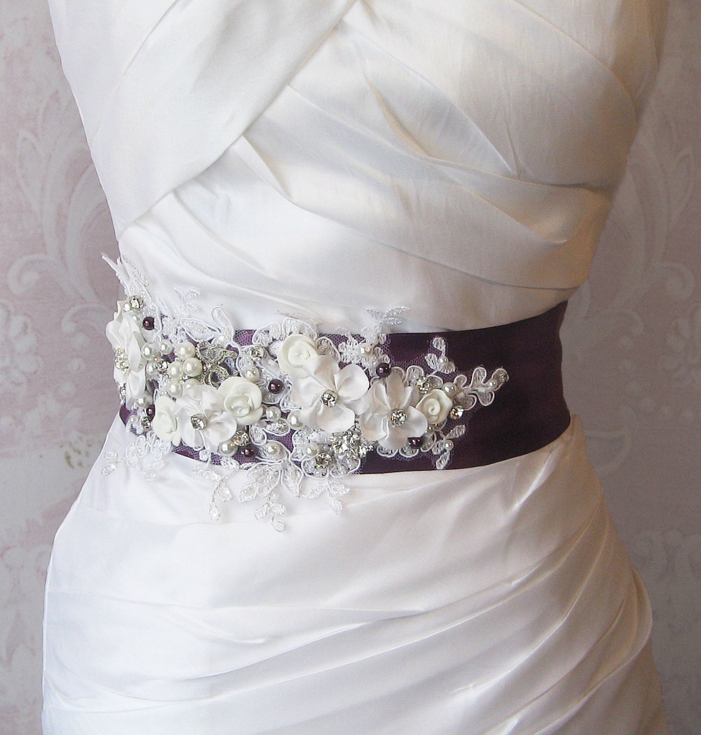 Eggplant Purple Sash, Deep Plum and White Bridal Sash, Wedding Belt, Rhinestone and Pearl Flower Sash with Lace - VIOLET