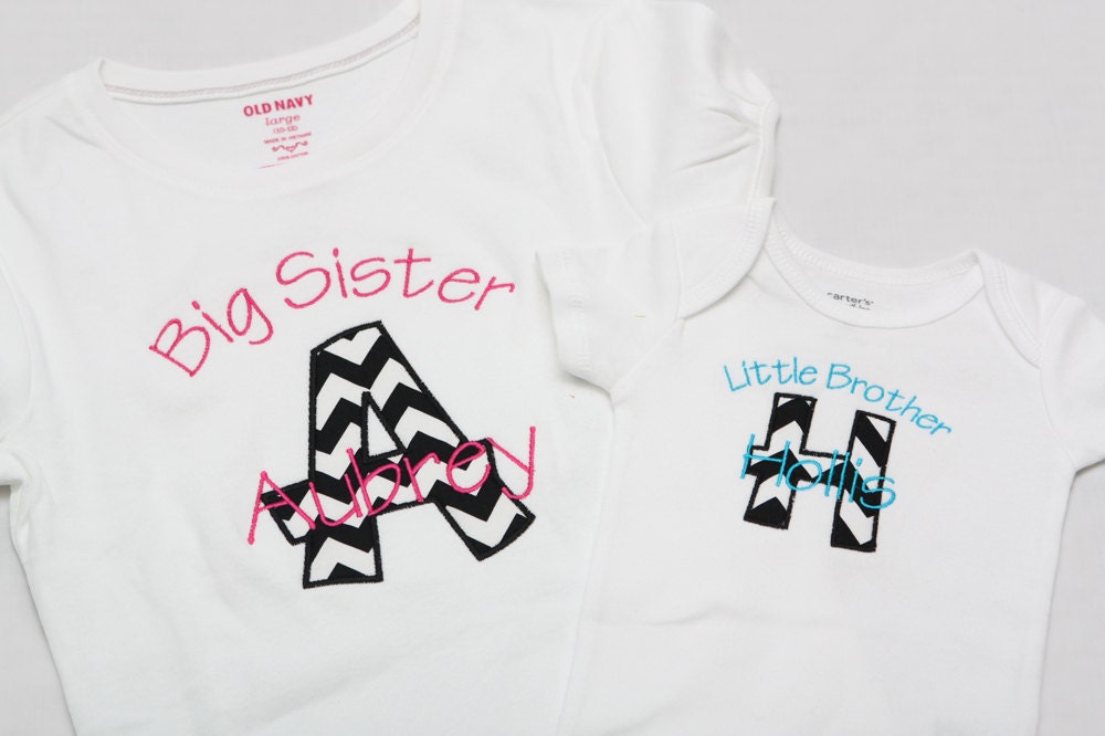 Big Sister Shirt and Little Sister Onsies - Chevron Personalized Initial Applique