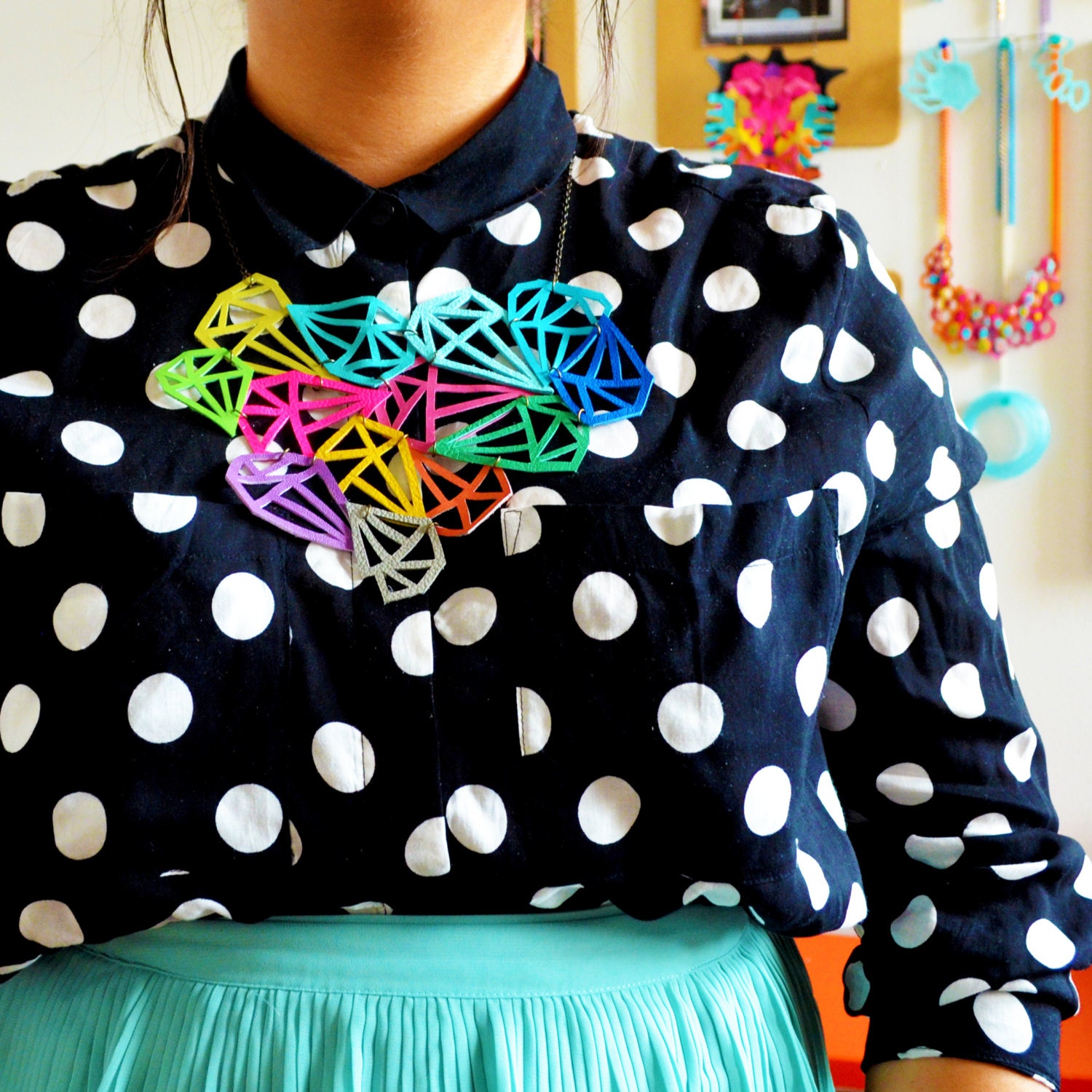 Geometric Statement Necklace Neon Jewelry, Faceted Diamond, Leather Necklace, Statement Jewelry