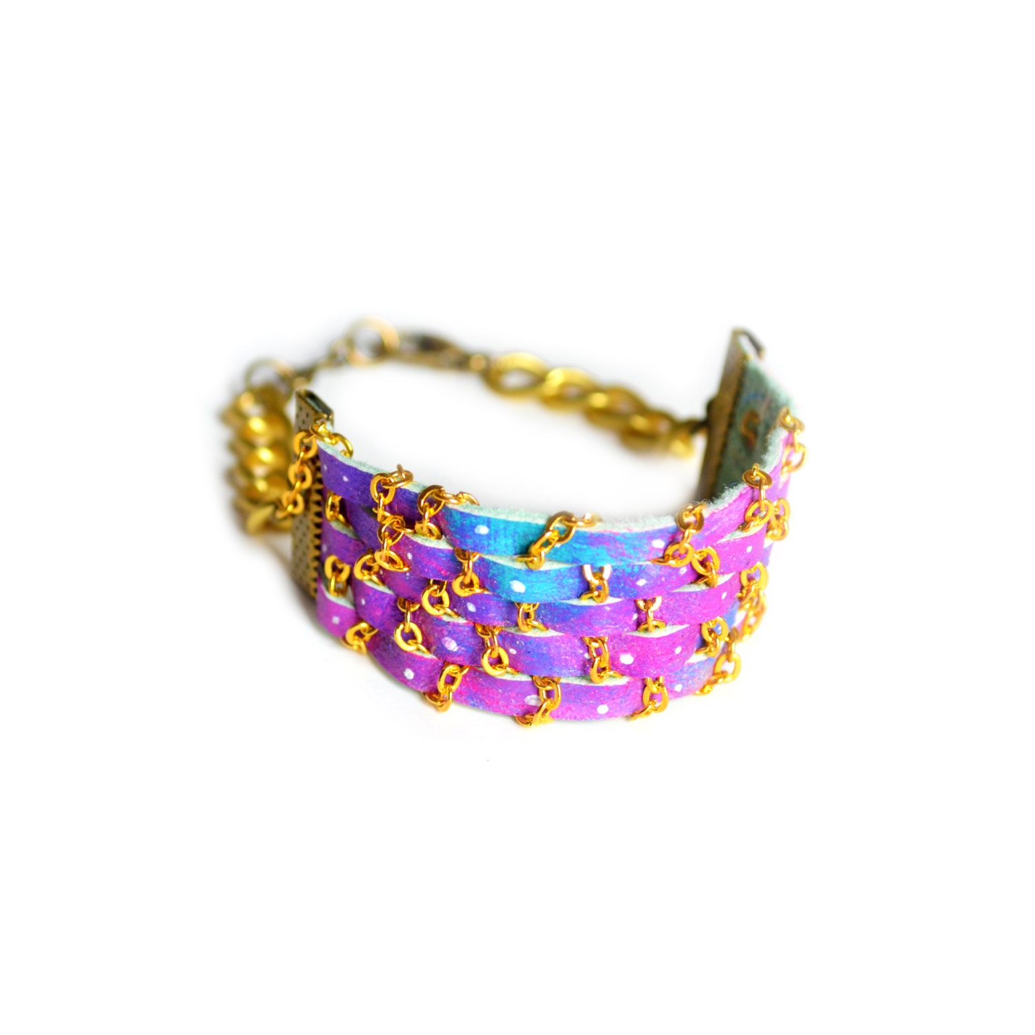 Woven Chain Friendship Bracelet, Chunky Neon Galaxy Braided Bracelet, Ombre Leather Cuff
