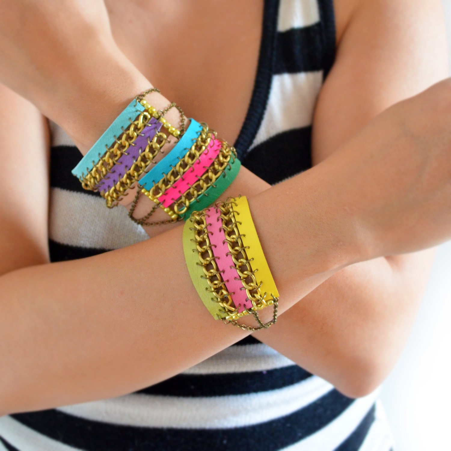 Neon Friendship Bracelet, Tribal Leather Bracelet, Woven Chain Cuff, Seed Bead Bracelet