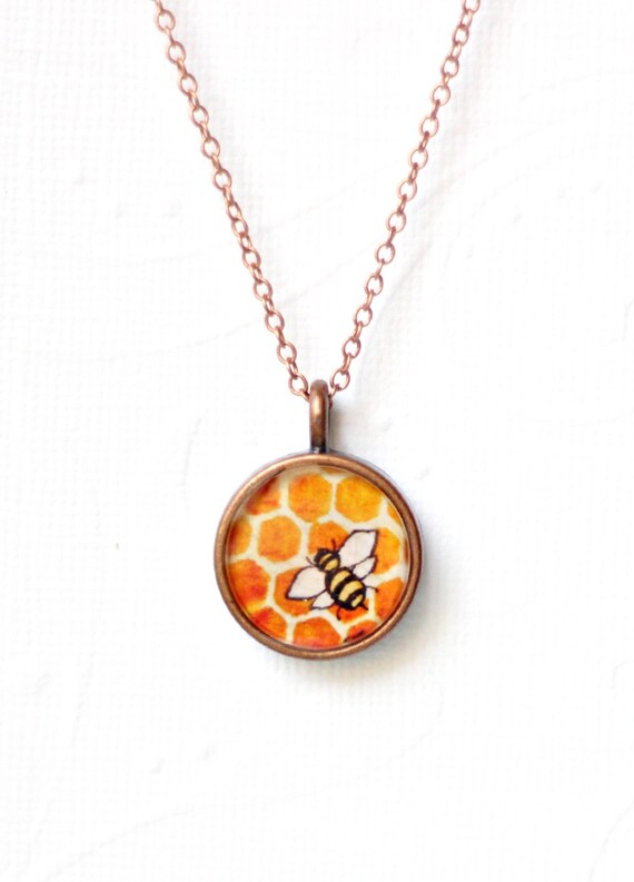 Honey Bee necklace, copper bumble bee jewelry, honeycomb illustration art print, spring bee necklace, LIMITED EDITION
