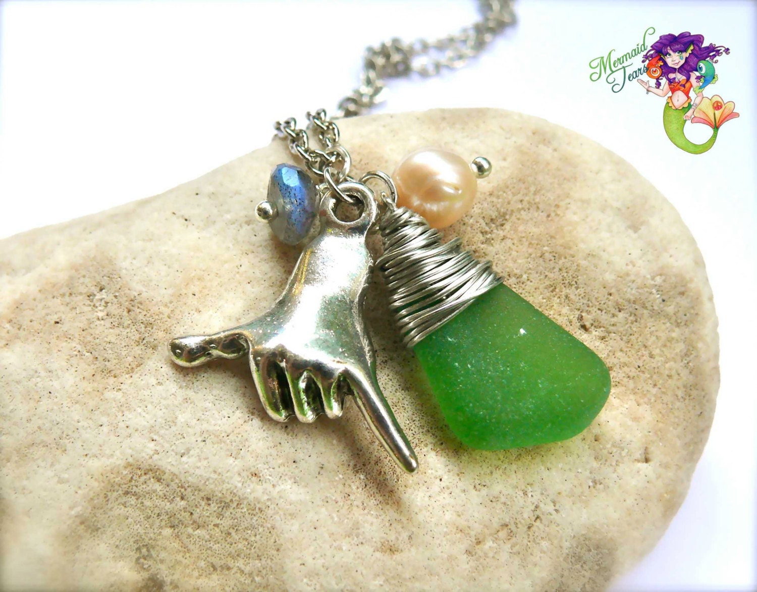 Sea Glass Jewelry from Hawaii, Hawaiian Shaka Charm Necklace for surfers & surf chicks