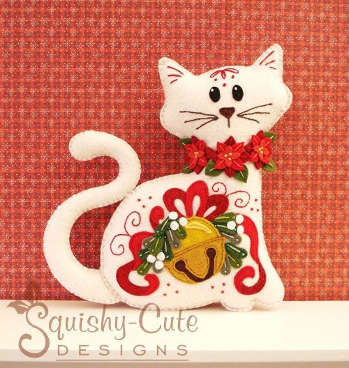 Cat Stuffed Animal Pattern - Felt Plushie Sewing Pattern & Tutorial - Jingle the Christmas Cat - Christmas Embroidery Pattern PDF