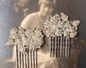 Pair Original Art Deco Nouveau 1920s Rhinestone Bridal Hair Combs, Heirloom Pave Crystal Fur Clip Haircombs GATSBY