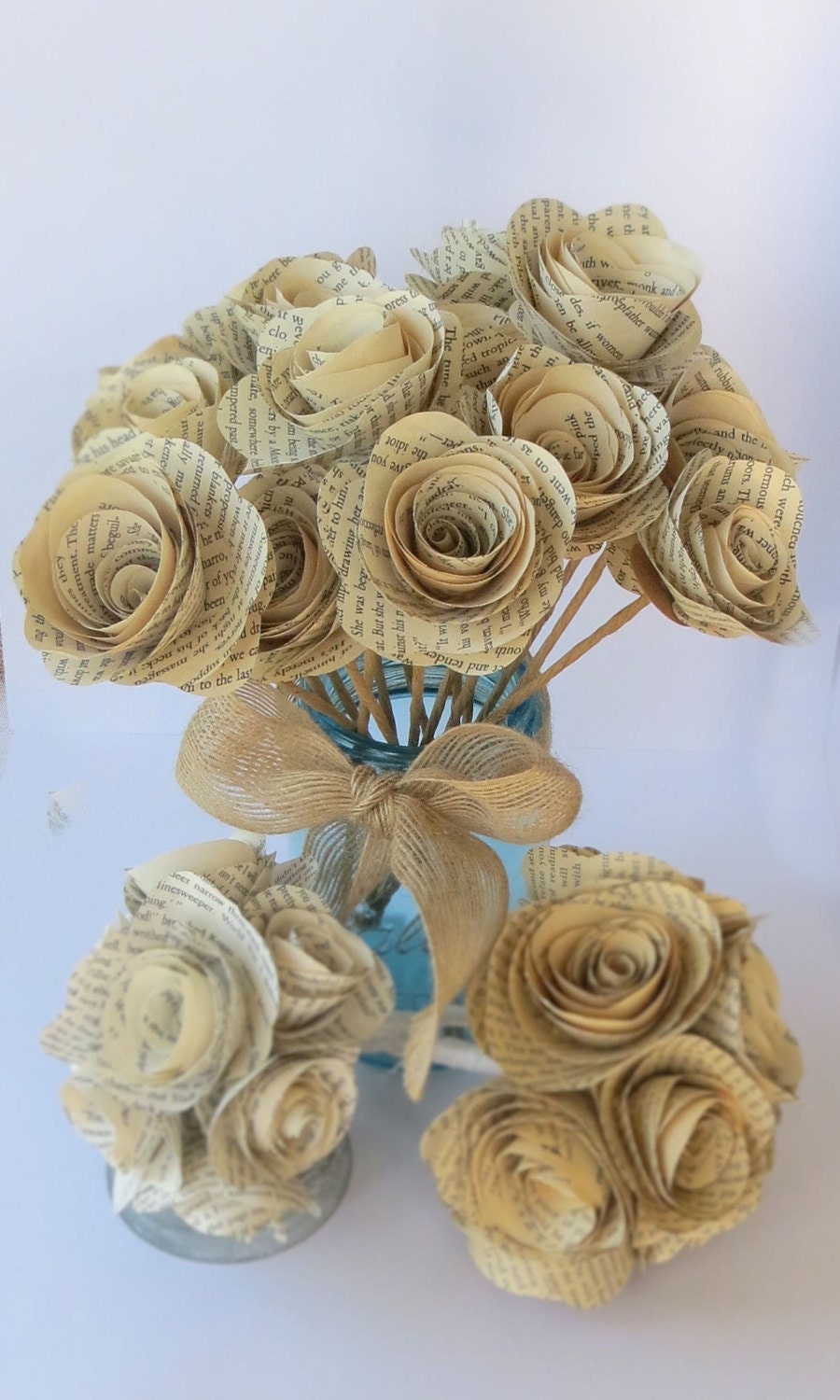 25 Large Book Page Flowers on Paper Wrapped stems