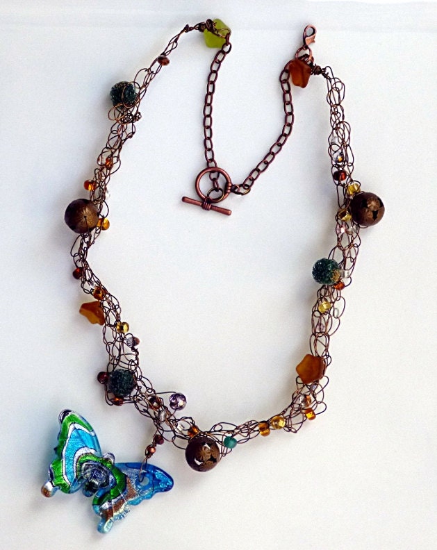 Enchanted Butterfly Artisan Necklace Crocheted Wire Statement Jewelry
