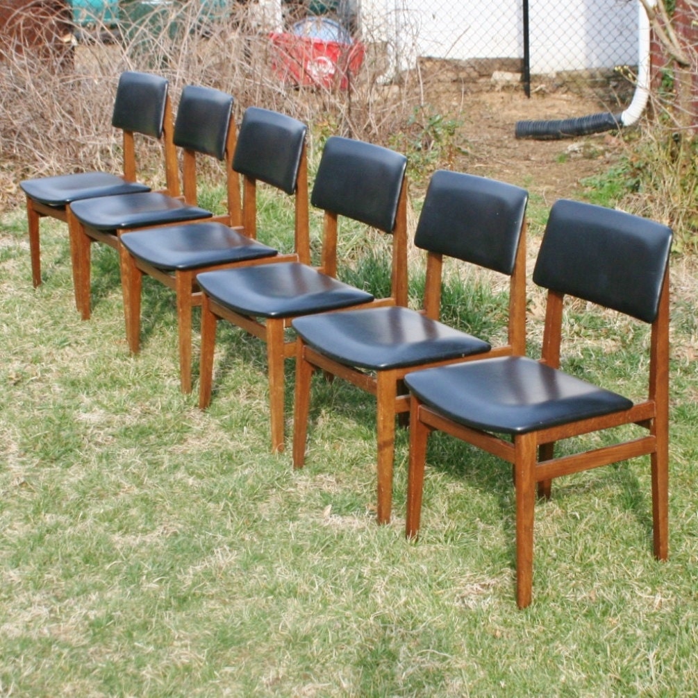 Set of 6 Mid Century Dining Chairs - Black Vinyl and Wood