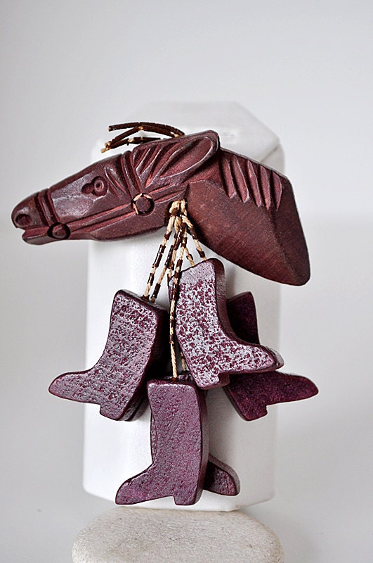 50s Horse and Boots Brooch Carved Wood