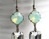 Mint Crystal Earrings, Swarovski Chrysolite Opal Cushion Cut, Emerald Cut Crystal Earrings
