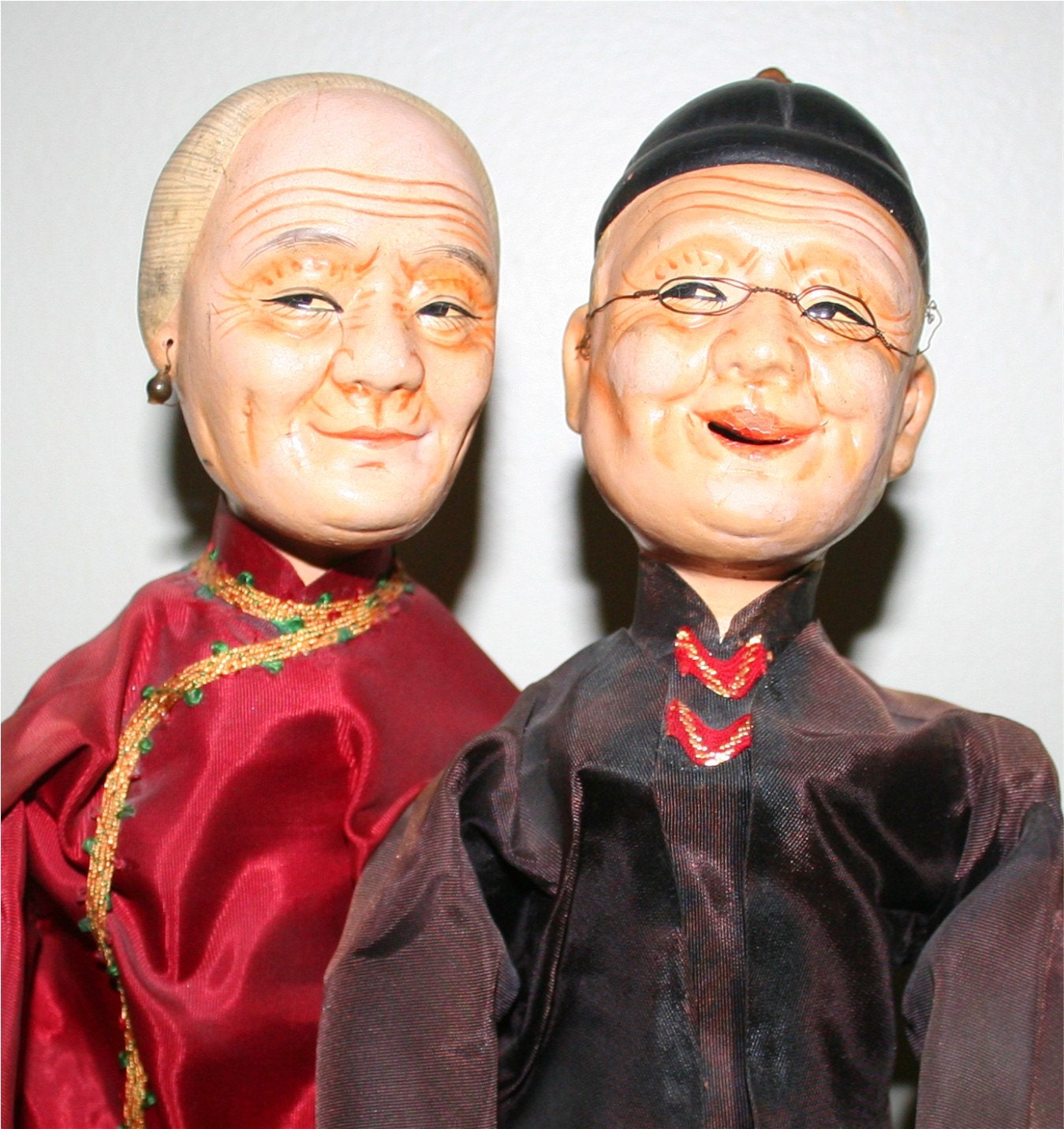 Vintage Asian Antique Oriental Dolls Composition Clay Man and  Women in Original Clothing
