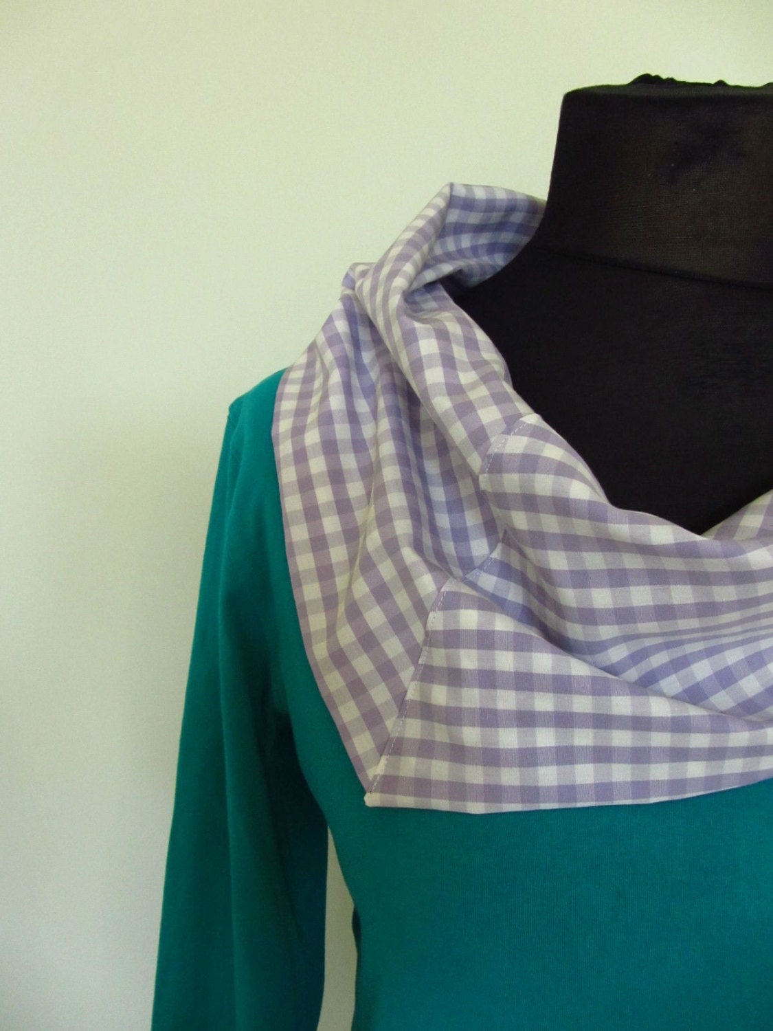 Purple Checkered Cowl Neck Teal Green Tshirt / Upcycled Clothing / Women Tops / Eco Fashion / cowl made from mens shirt sleeves / Size L
