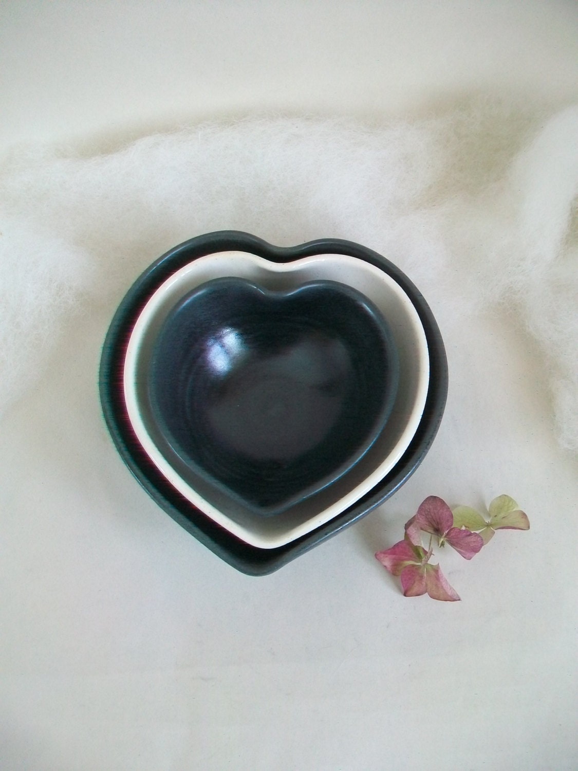 Nesting Heart Bowls -Black and White - Set of 3, Handmade - Ready to Ship- Actual Set - 4.25 in.
