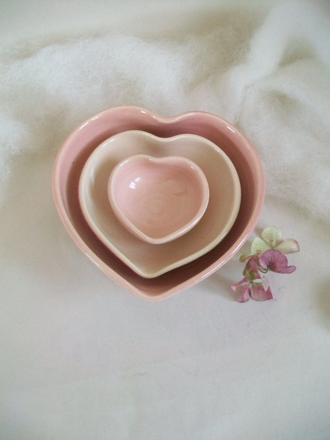 Heart Bowls - Set of 3, Handmade, Soft  Shades of Pink - Ready to Ship - Actual Set - 4.5 in.