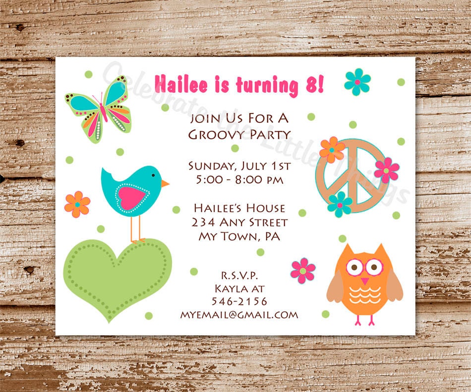 SET of 12 PEACE SIGN, Hippie Chick Invitation : Owl, Butterfly, Birdie, Flower Il_570xn