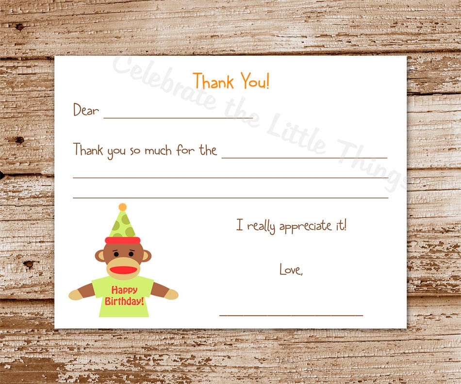 Set of 12 Kids Sock Monkey Fill-In Birthday Thank You Cards Il_570xn