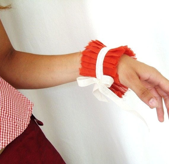 Red Ruffles Cuff Armband Neo-Romantic Cuff in Ultra Thin Red Cotton and Champagne Ribbon