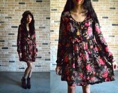 90s sheer floral mini dress - see through babydoll - scoop neck and buttons - small S