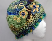 Freeform Crochet Hat with Yellow Button Flowers - Green, Blue, Brown, Teal