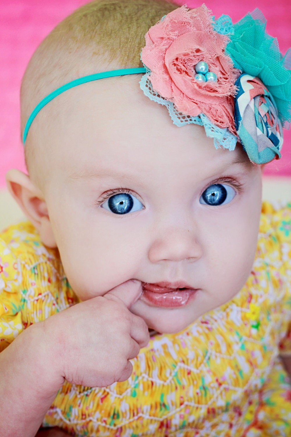 A Starboard is Born- coral, aqua and white triple rosette headband