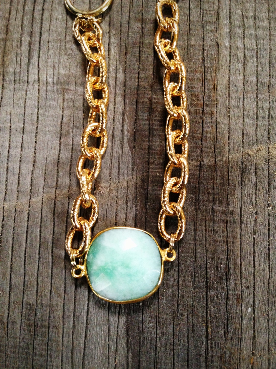 Bezel Set Chrysoprase Stone Bracelet with Gold Chain