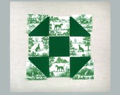 Pre Cut Quilt Block, Green Toile Greyhound fabric, pre washed and die cut, 9 inch finished size
