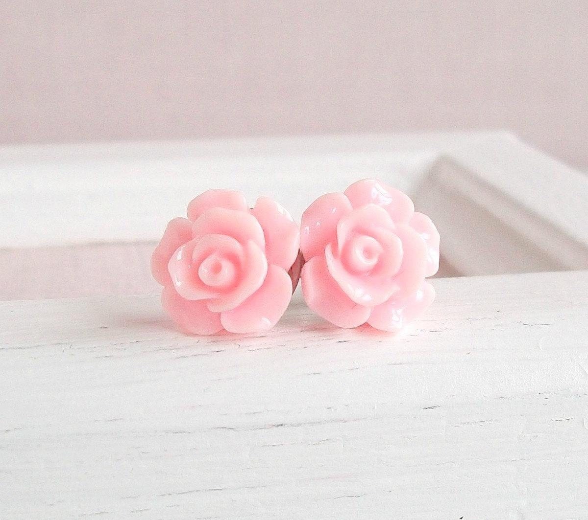 Small Rose Earrings Pastel Pink Flower Stud Earrings Surgical Steel Posts Floral Retro Jewelry Cottage Chic Fashion Womens Accessories