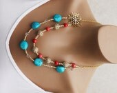 Beautiful Bright Cyan and Coral Statement Necklace with AB Swarovski Crystals OOAK