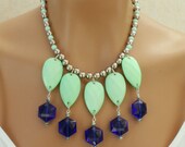 Mint Green and Royal Blue Briolette Statement Necklace, Unique, Handmade, Seafoam, Anthropologie